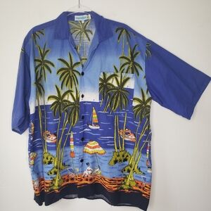 Fun Wear Mens Chest 48 Camp Shirt Button Blue Tropical Beach Palm Trees VTG
